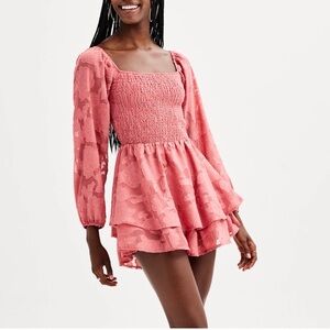 Pink Long Sleeve Smocked Romper